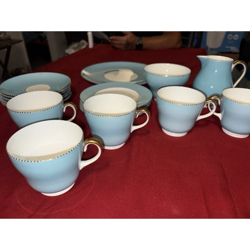 Wedgwood W4143 Sky Blue Gold Beaded Tea Set Fine Bone China England - 20 Pcs